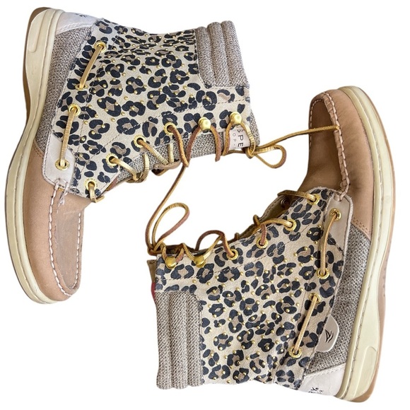 Sperry Women’s Sz 6.5 Hikerfish Boots Tan Leopard Leather Gold Studded Lined NEW - Picture 5 of 7